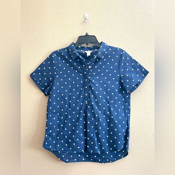 L.L. Bean Navy Polka Dot Short Sleeve Button Down - Picture 1 of 8